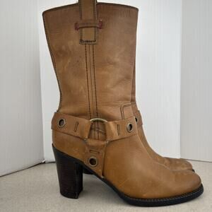 Vintage Y2K Women Tommy Hilfiger Brown Boots Size 9M Stack Heel Mid Calf Western